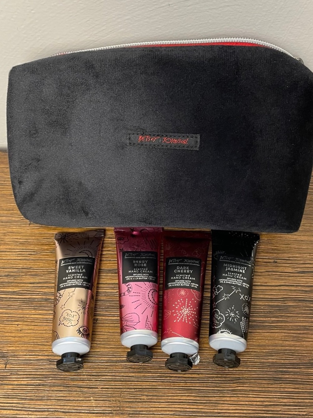 Betsy Johnson Black Velvet Cosmetics bag With Hand creams